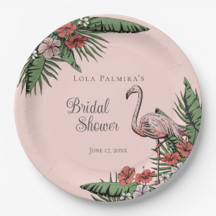 Tropischer Rosa Flamingo Hibiskus Brautparty Pappteller