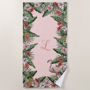 Tropischer Rosa Flamingo & Hibiskus Monogramm Strandtuch