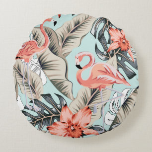 Tropischer rosa Flamingo mit Orchideenblüten und B Rundes Kissen