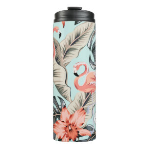 Tropischer rosa Flamingo mit Orchideenblüten und B Thermosbecher