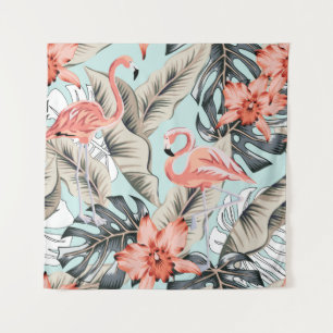 Tropischer rosa Flamingo mit Orchideenblüten und B Wandteppich