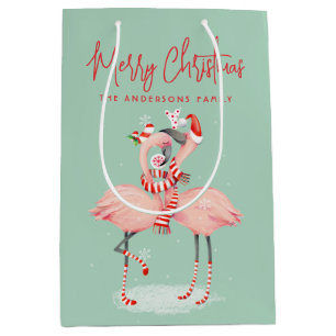 Tropischer Rosa Flamingo mit Weihnachtsmannhut Wei Mittlere Geschenktüte
