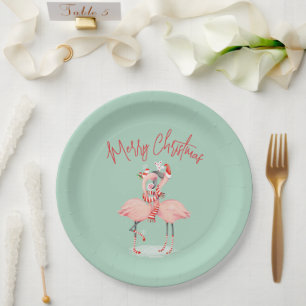 Tropischer Rosa Flamingo mit Weihnachtsmannhut Wei Pappteller