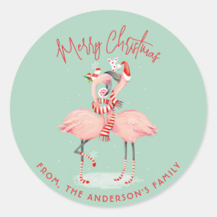 Tropischer Rosa Flamingo mit Weihnachtsmannhut Wei Runder Aufkleber