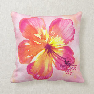 Tropischer rosa Hibiskus auf abstrakter Aquarellfl Kissen