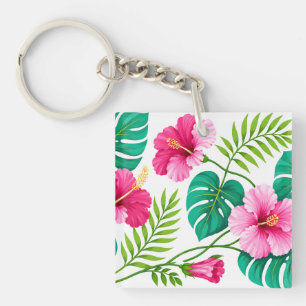 Tropischer rosa Hibiskus und Monstera-Blätter Schlüsselanhänger