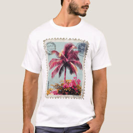 Tropischer rosa Palmen-Poststempel Vintage-Strand  T-Shirt