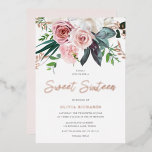 Tropischer Rosengarten Rose Sweet 16 Party Folieneinladung<br><div class="desc">Tropical Blush Pink Roses Sweet 16 Party Foil Einladung 16 . Geburtstag Einladung Weitere Einladungen in unserem Nest und Nest Store</div>