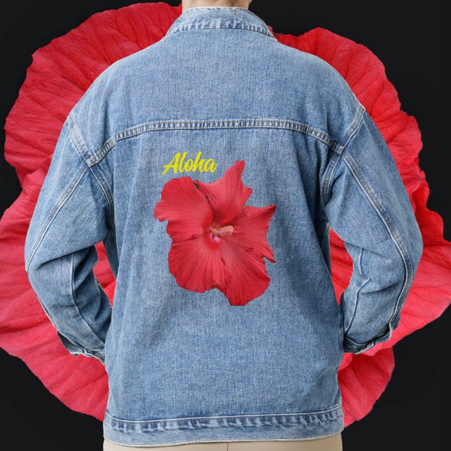 Tropischer Roter Hibiskus Blume Hawaiian Aloha Jeansjacke (Von Creator hochgeladen)