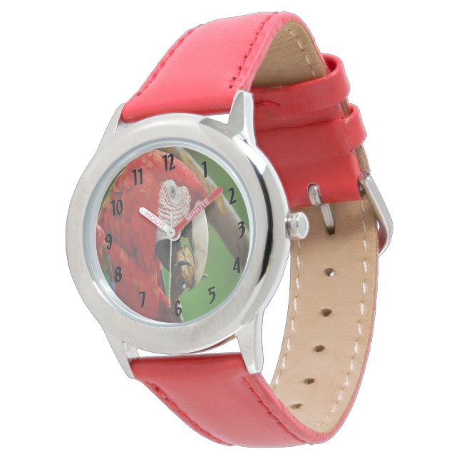 Tropischer Roter Papagei Armbanduhr (Schrägansicht)