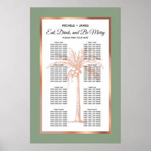 Tropischer Salbei-Roségold-Palm-Hochzeits-Sitzplan Poster