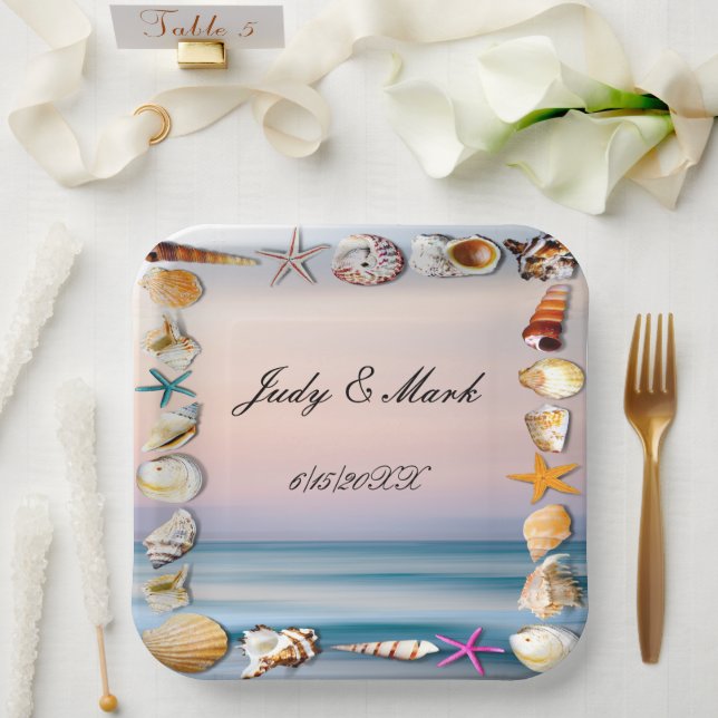 Tropischer Sandstrand und Muscheln Pappteller (Hochzeit)