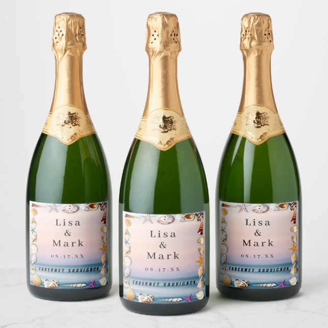 Tropischer Sandstrand und Muschelweinetiketten (Flaschen)