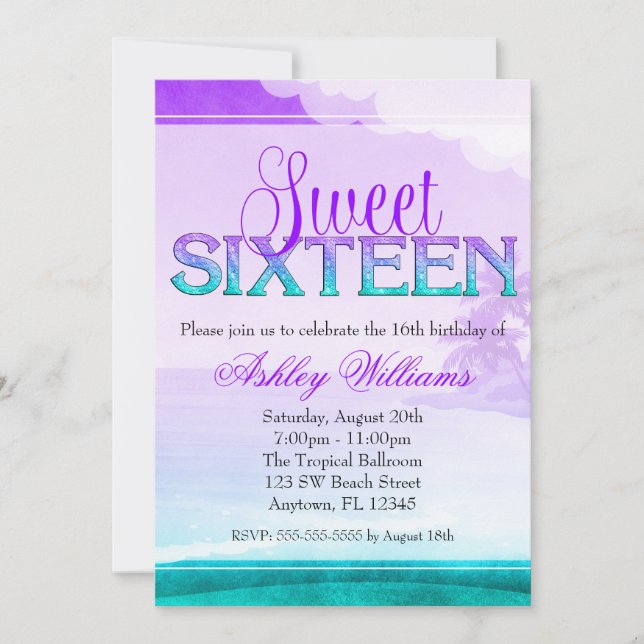 Tropischer Schein-lila Aqua-Bonbon 16 Einladung (Vorderseite)