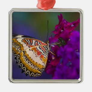 Tropischer Schmetterling auf violetten Blumen Silbernes Ornament