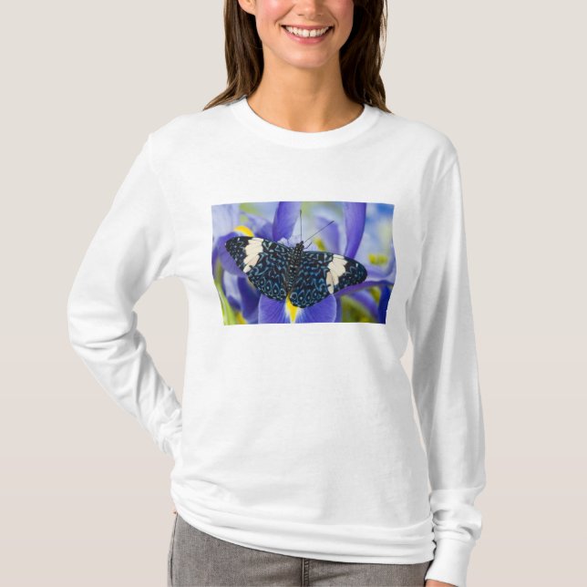 Tropischer Schmetterling Lila Iris T-Shirt (Vorderseite)