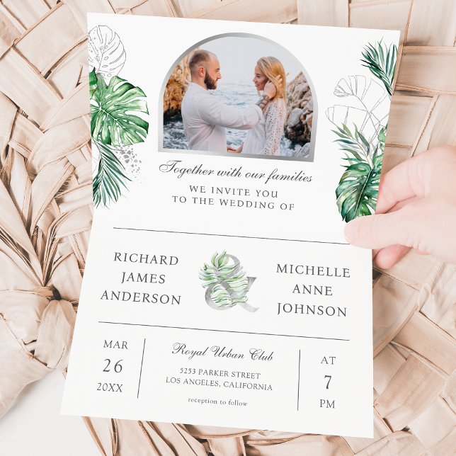 Tropischer Silberpalmen-Foto-QR-Code-Hochzeit Einladung (Von Creator hochgeladen)