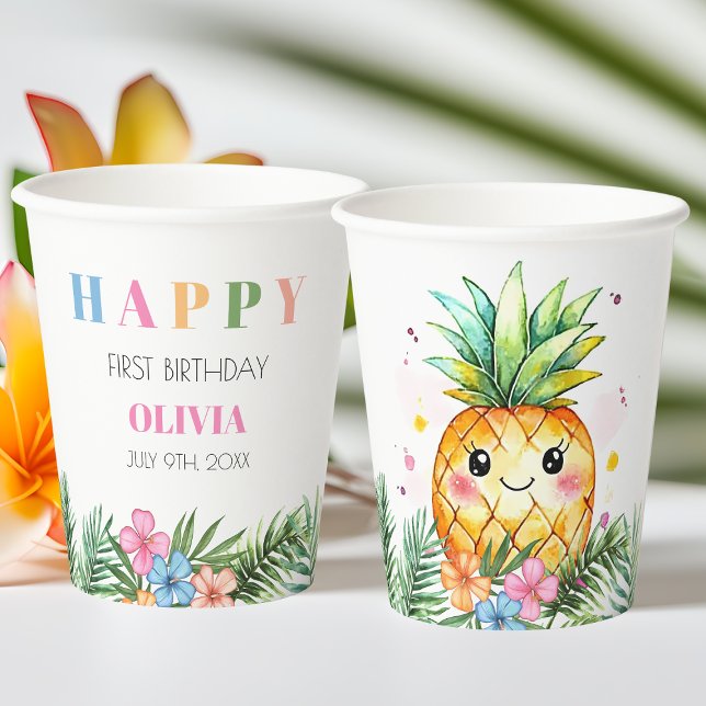 Tropischer Sommer Ananas Kinder glücklich 1. Gebur Pappbecher (Tropical Summer Pineapple Kids Happy 1st Birthday Paper Cups)