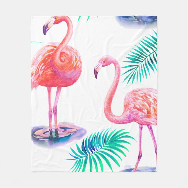 Tropischer Sommer mit Flamingos-Blätter und Exo Fleecedecke (Vorderseite)