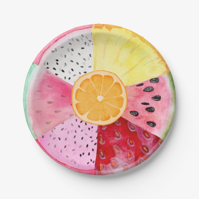 Tropischer Sommer Wasserfarbenfrucht Tutti Fruitti Pappteller (Vorderseite)