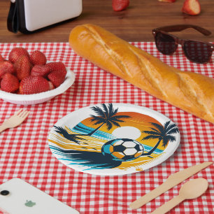Tropischer Sommerfußball Retro-Strandfußball Sonne Pappteller
