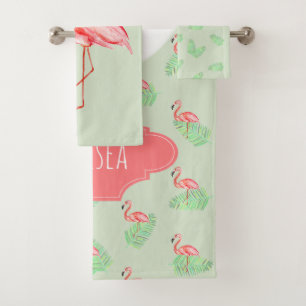 Tropischer Sommerrosa Flamingo-Name des Mädchens Badhandtuch Set
