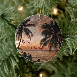 Tropischer Sonnenuntergang Beach Custom Hochzeitst Keramik Ornament