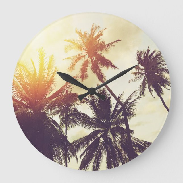 Tropischer Sonnenuntergang: Palme Silhouette Vinta Große Wanduhr (Vorderseite)