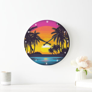 Tropischer Sonnenuntergang Palmenstrand Große Wanduhr