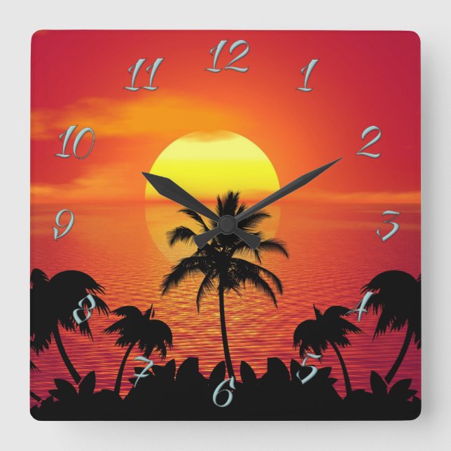 Tropischer Sonnenuntergang Quadratische Wanduhr (Vorderseite)