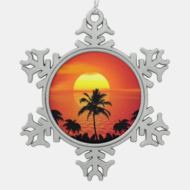 Tropischer Sonnenuntergang Schneeflocken Zinn-Ornament (Vorderseite)