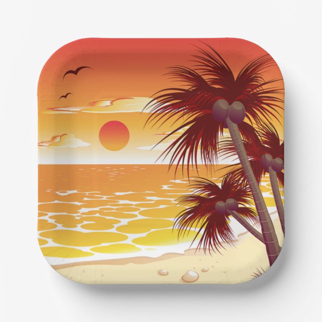 Tropischer Sonnenuntergang Strand Palmen Insel Pappteller (Vorderseite)
