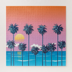 Tropischer Sonnenuntergang: Vintage Beach Illustra Puzzle
