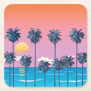 Tropischer Sonnenuntergang: Vintage Beach Illustra Rechteckiger Pappuntersetzer