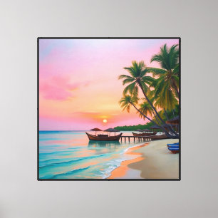 Tropischer Sonnenuntergangsstrand mit Booten und P Leinwanddruck