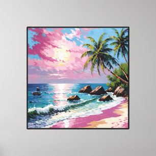 Tropischer Sonnenuntergangsstrand mit Palmen und B Leinwanddruck