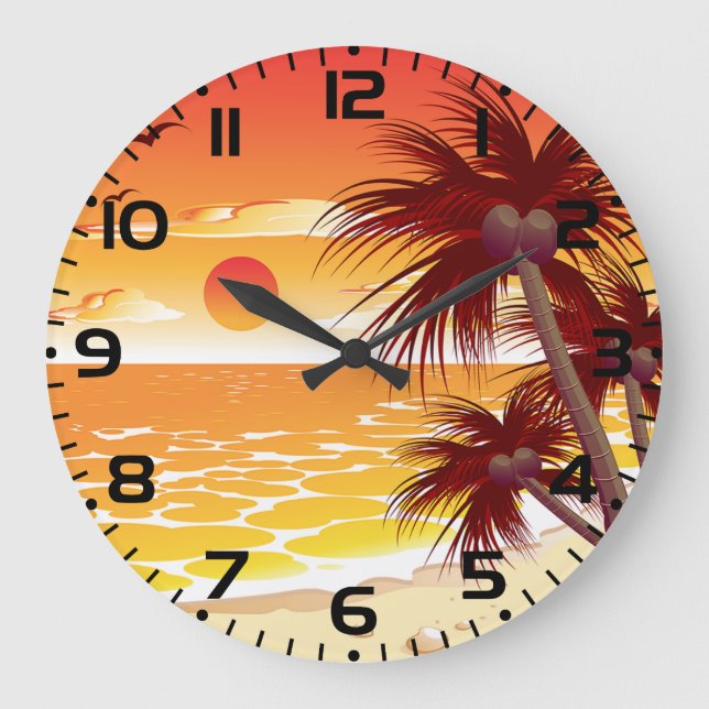 Tropischer Sonnenuntergangsstrand Palmeninsel Große Wanduhr (Vorderseite)