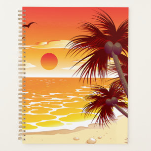 Tropischer Sonnenuntergangsstrand Palmeninsel Planer