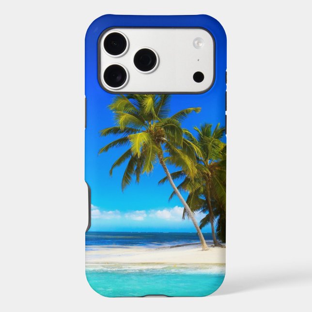 Tropischer Strand Case-Mate iPhone Hülle (A phone case featuring a vibrant beach scene. The case is predominantly blue around the edges.)