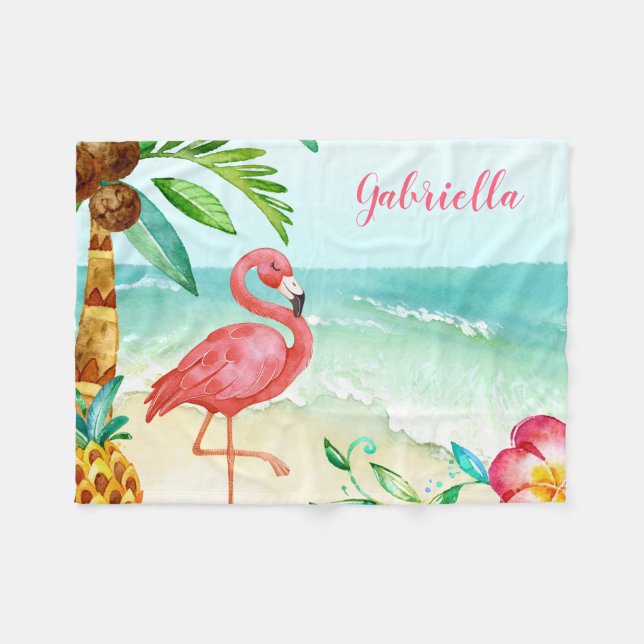 Tropischer Strand Flamingo Personalisiert Fleecedecke (Vorderseite (Horizontal))
