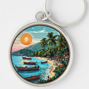 Tropischer Strand mit Booten und Palmen Schlüsselanhänger