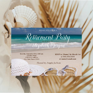 Tropischer Strand mit Palme und Stuhl, Rentnerpart Einladung