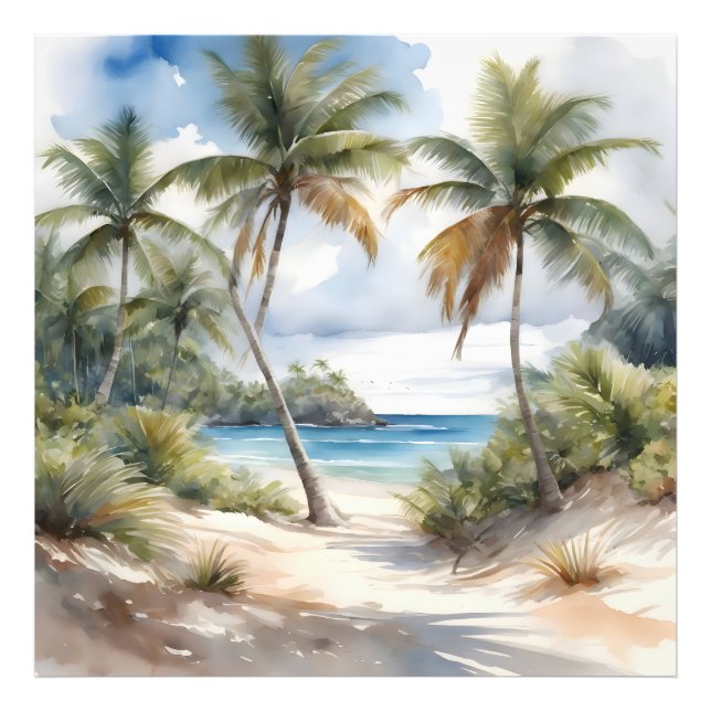 Tropischer Strand mit Palmen Fotodruck (Vorne)