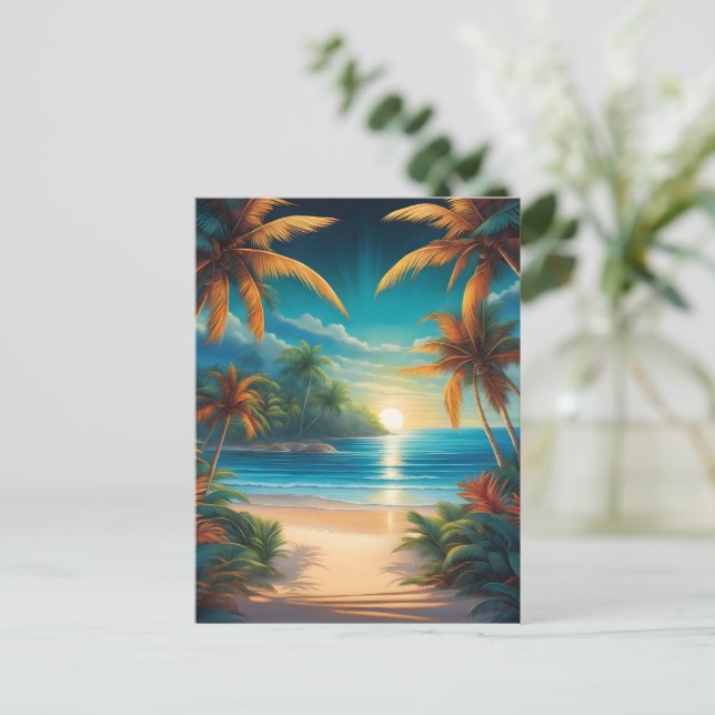 Tropischer Strand mit Palmen Postkarte (Stehend Vorderseite)