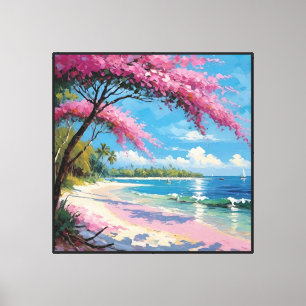 Tropischer Strand mit Palmen und blühendem Baum Leinwanddruck