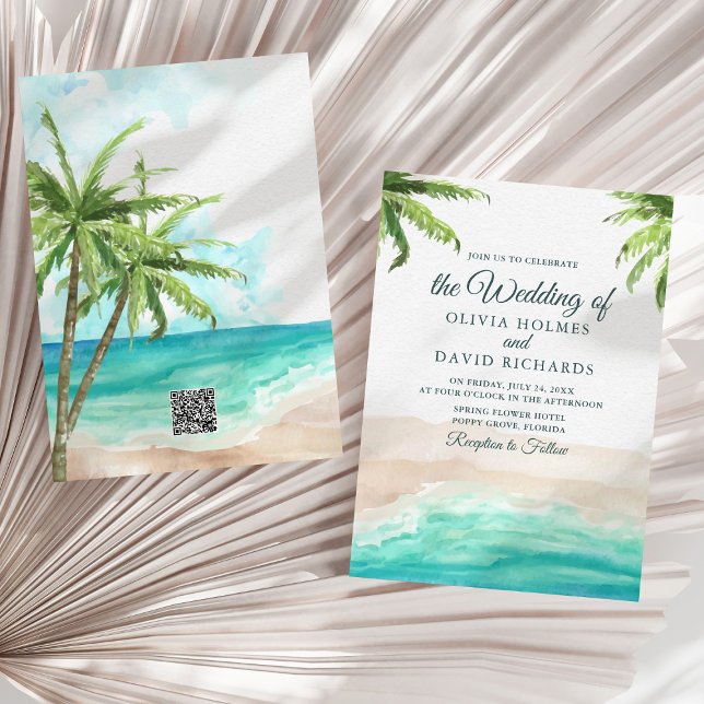 Tropischer Strand mit QR Code Hochzeit Einladung (Watercolor Tropical Beach with QR Code Wedding Invitation on a sunny neutral dry palm leaf.)