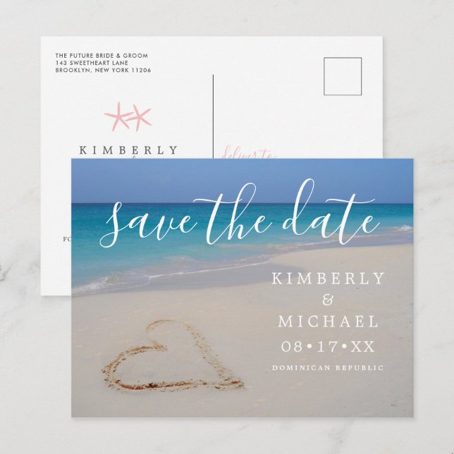 Tropischer Strand mit Sandstrand Save the Date Ann Ankündigungspostkarte (Vorne/Hinten)