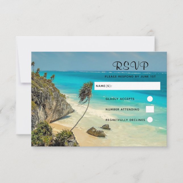 Tropischer Strand mit Wind-Swept-Palmen Hochzeit RSVP Karte (Vorderseite)