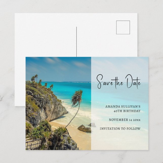 Tropischer Strand mit windgefrorenen Palmen Save t Einladungspostkarte (Vorne/Hinten)