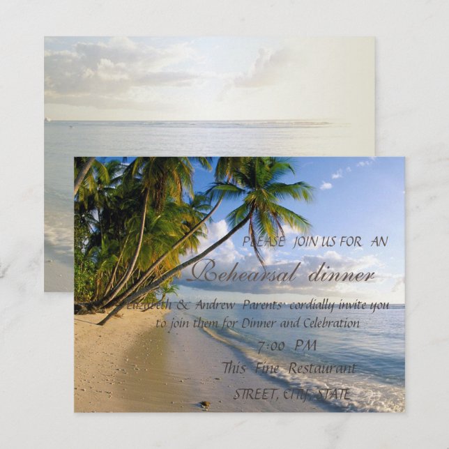 Tropischer Strand, Palm Probe Abendessen Einladung (Vorne/Hinten)